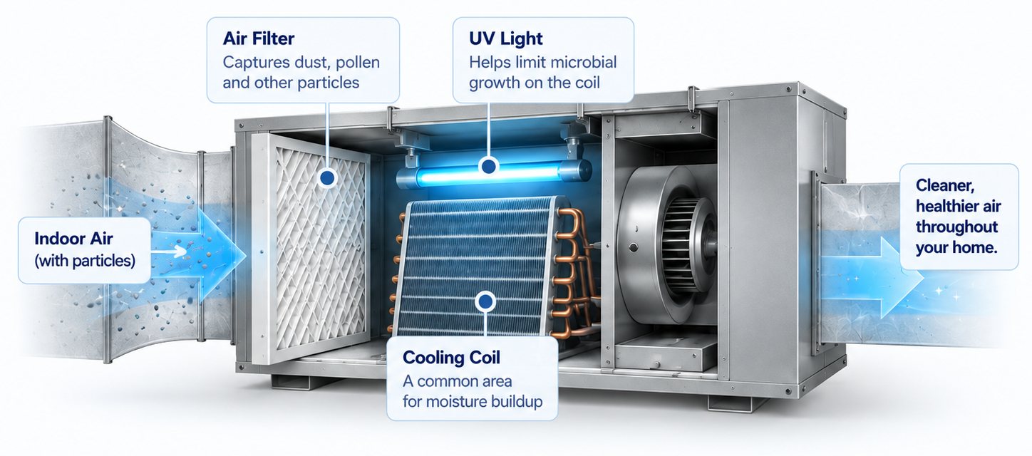 Cut-away of a typical HVAC air handler. Indoor air with particles enters through the air filter, which captures dust, pollen and other particles. A UV light above the cooling coil helps limit microbial growth on the coil, a common area for moisture buildup. The blower then sends cleaner air throughout the home.