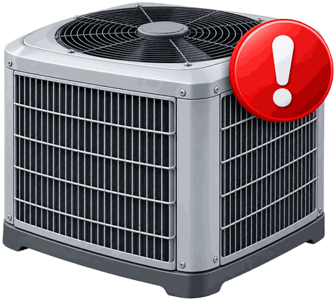 Outdoor AC unit with a red warning sign