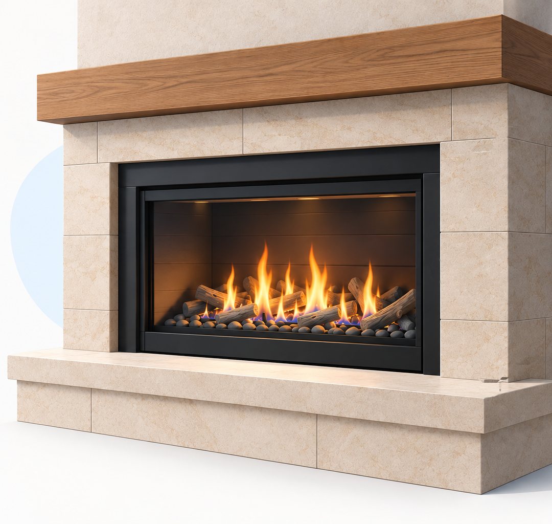 A gas fireplace insert with a stone surround and wood mantel