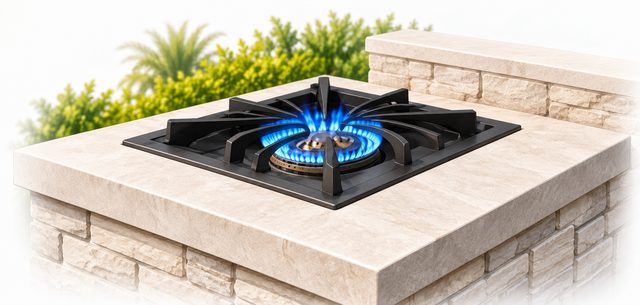 A gas side burner with a blue flame set into a stone counter