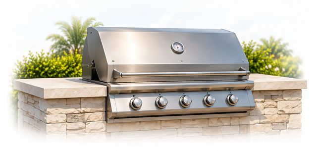 A stainless built-in gas grill in a stone counter