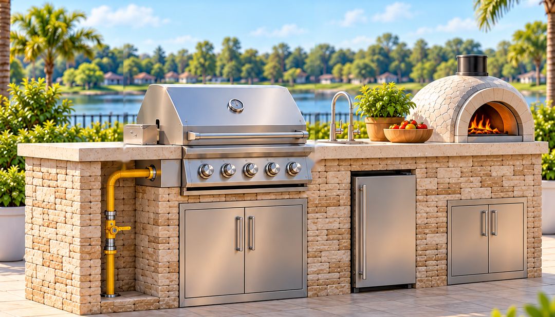 An outdoor kitchen with a built-in gas grill, a pizza oven and a yellow gas line running into the stone base