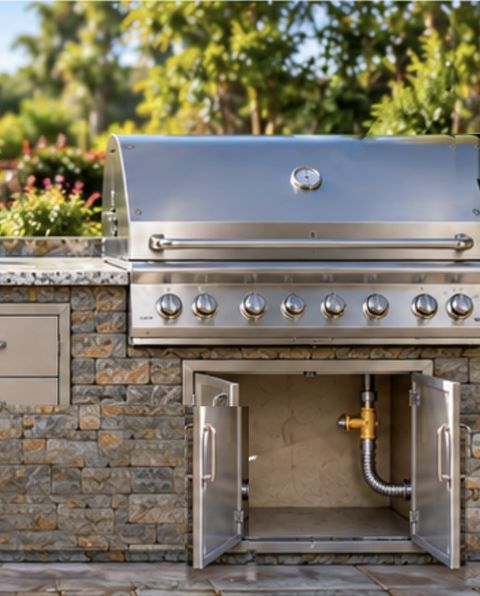 A built-in stainless steel gas grill in a stone outdoor kitchen island, with the cabinet below open to show the gas shutoff valve and flexible connector