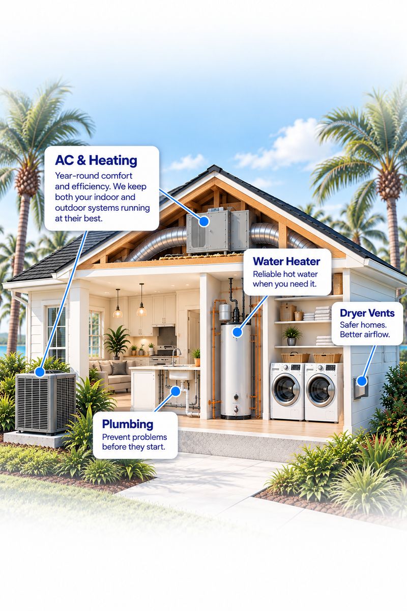 Cut-away of a Northeast Florida home showing what the plan covers: AC and heating, water heater, plumbing and dryer vents