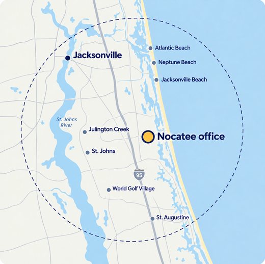 Map of our service area around our Nocatee office: Jacksonville, Atlantic, Neptune and Jacksonville Beach, Julington Creek, St. Johns, World Golf Village and St. Augustine