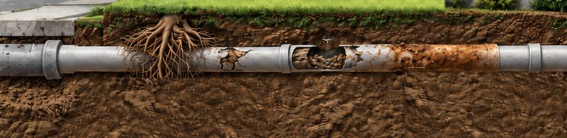 Cutaway of a yard: the sewer line running from the street under the lawn, with tree roots wrapped around it, a broken section, a collapsed section and a badly corroded stretch