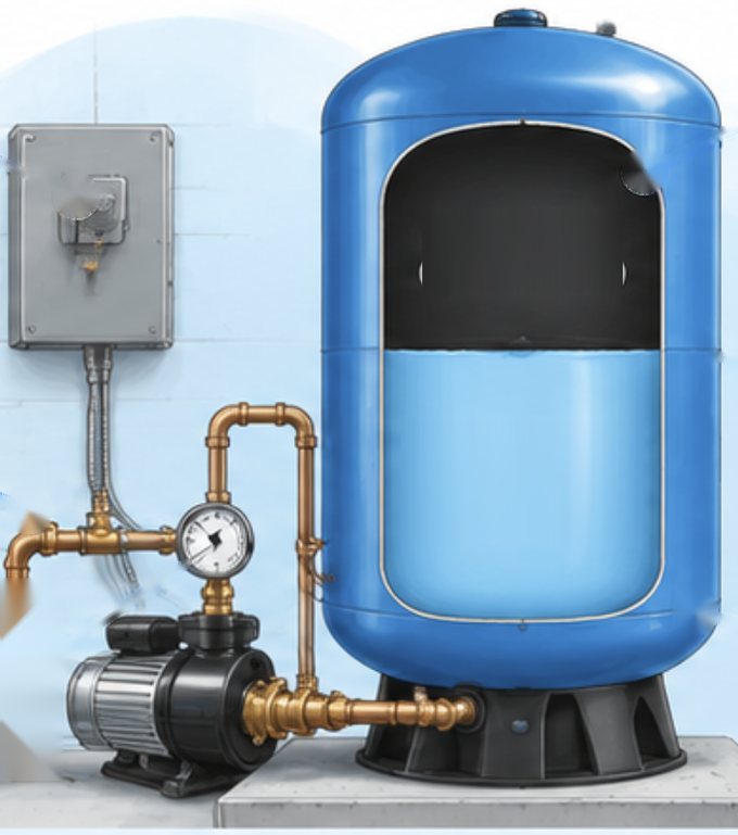 A blue well pressure tank beside a well pump, pressure switch and pressure gauge