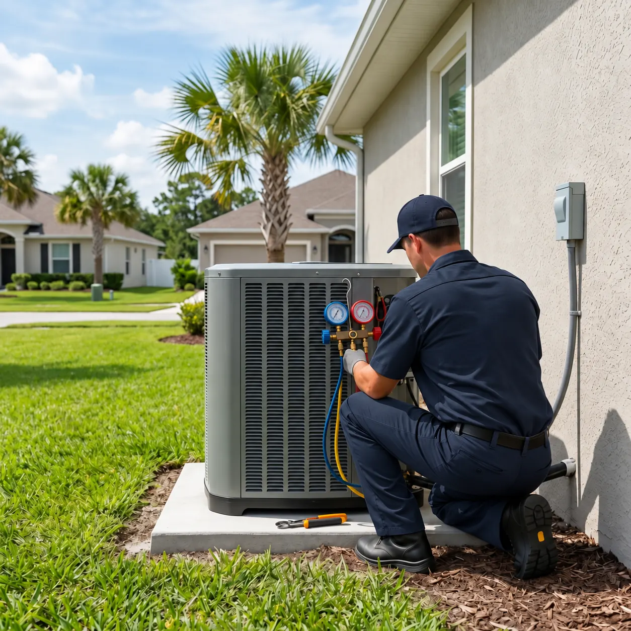 365 Solutions technician servicing a new outdoor AC condenser at a St. Johns County home