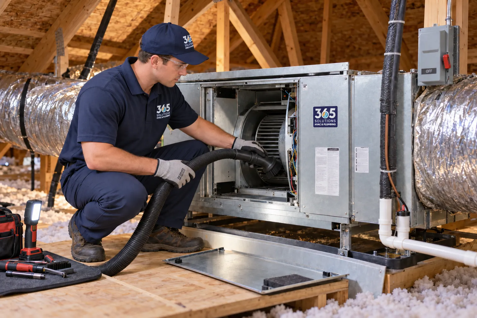 365 Solutions technician performing air handler maintenance