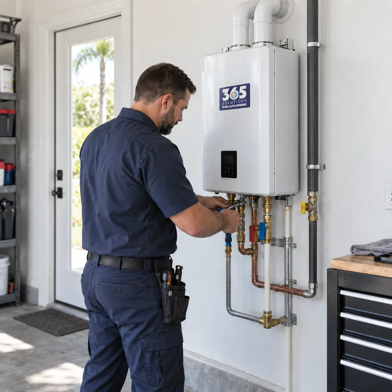 365 Solutions technician servicing a wall-mounted tankless water heater