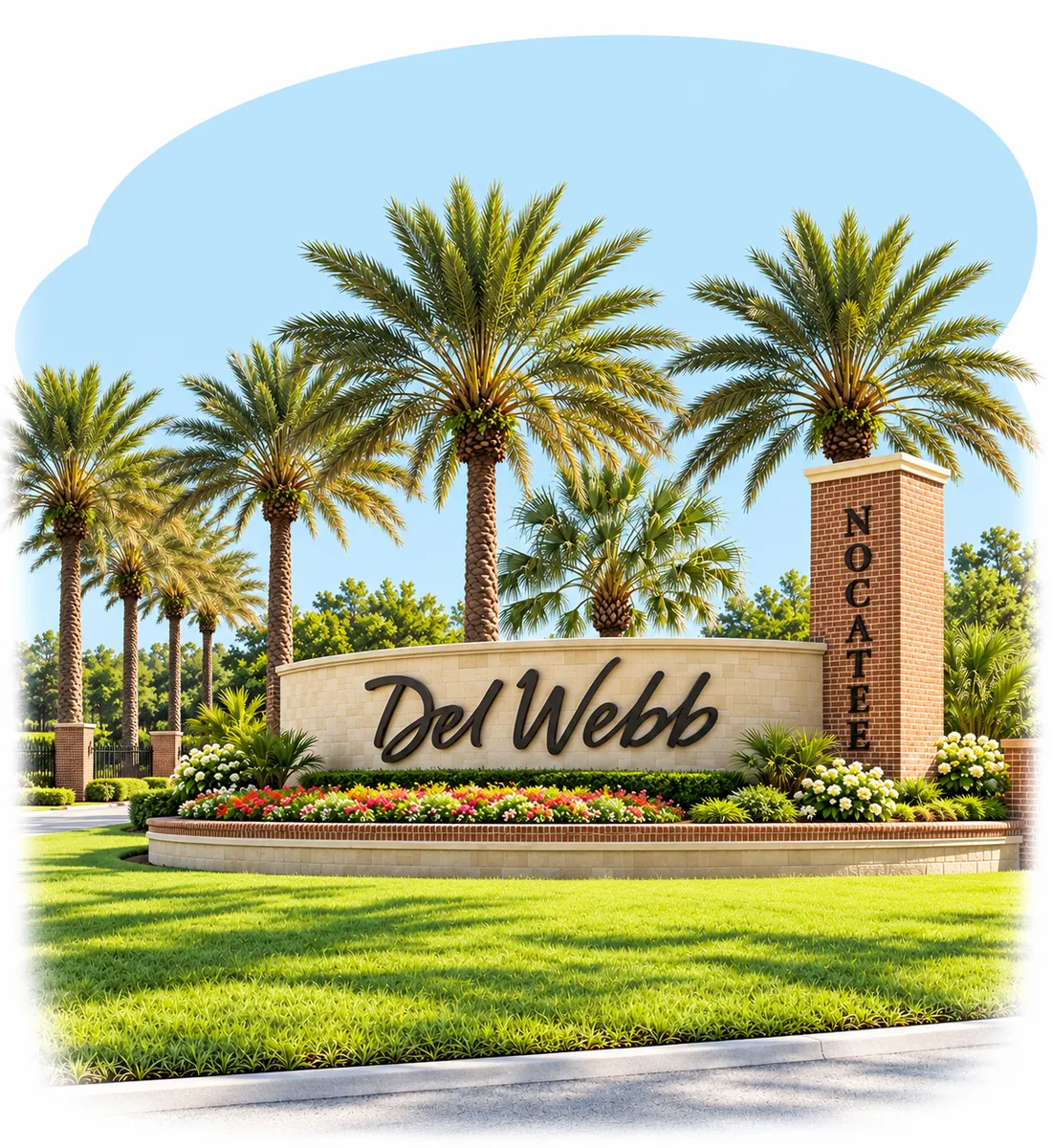 Entrance to Del Webb Nocatee: the curved stone Del Webb sign and the brick Nocatee column, framed by palm trees and flower beds
