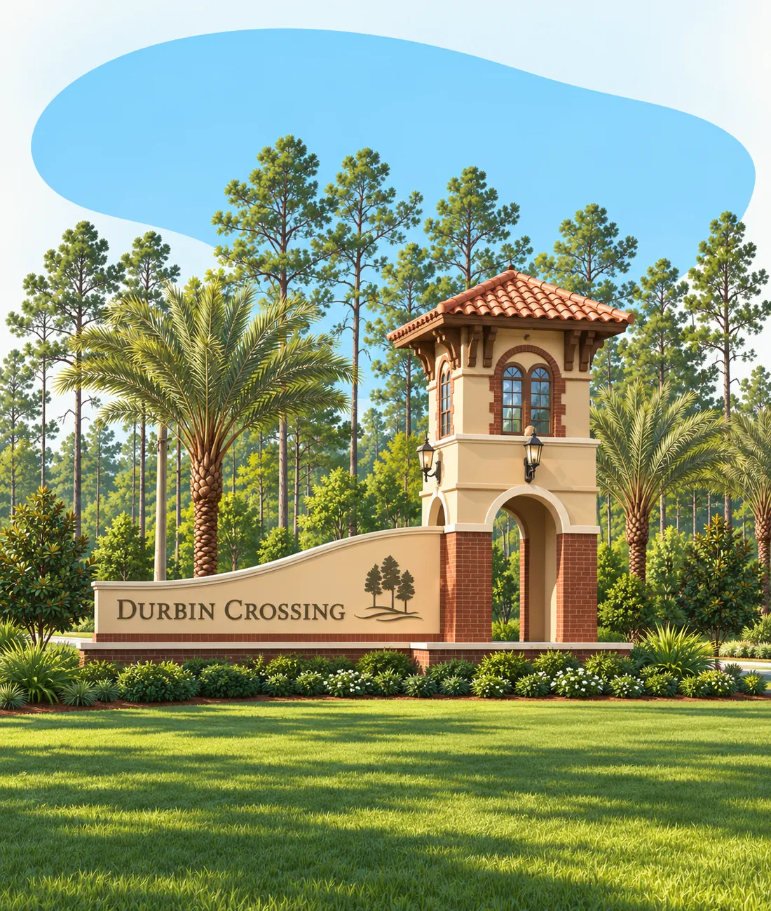 The Durbin Crossing entrance sign beside a tile-roofed tower with an archway, among tall pines and palms