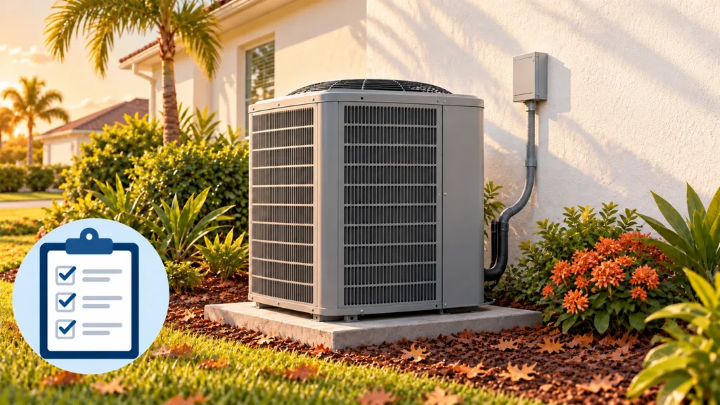 Outdoor AC unit on its pad beside a Florida home at sunset, with fall leaves on the mulch and a checklist badge