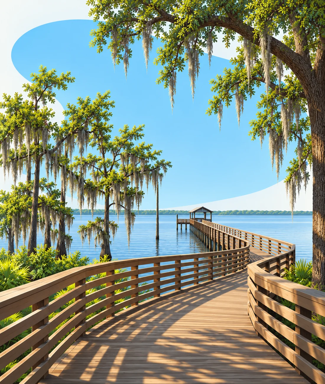 A wooden boardwalk winding under live oaks and Spanish moss to a covered pier on the river