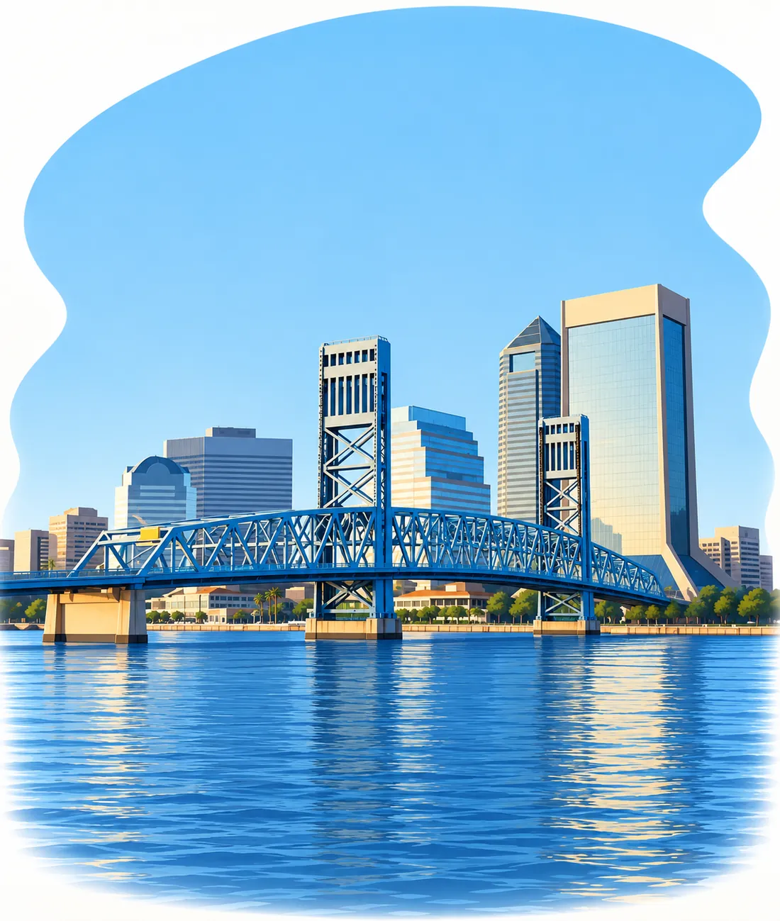 The Jacksonville skyline and the blue Main Street Bridge over the St. Johns River