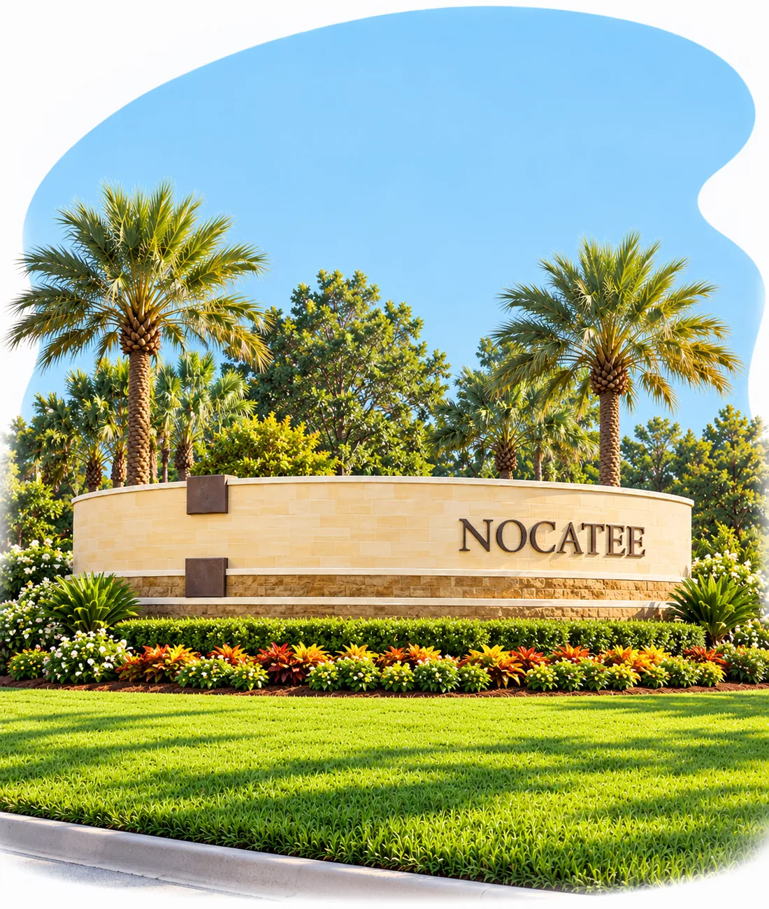 The curved stone Nocatee entrance wall with its bronze lettering, framed by palm trees, hedges and flower beds