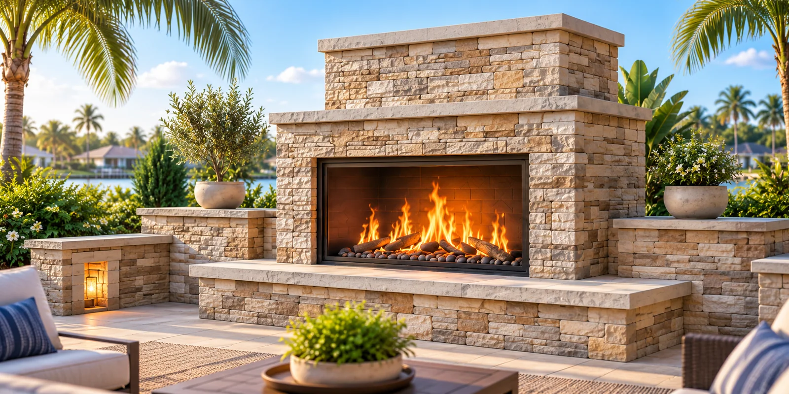 A stone outdoor gas fireplace with a wide firebox, burning logs and a raised stone hearth on a waterfront patio with palm trees