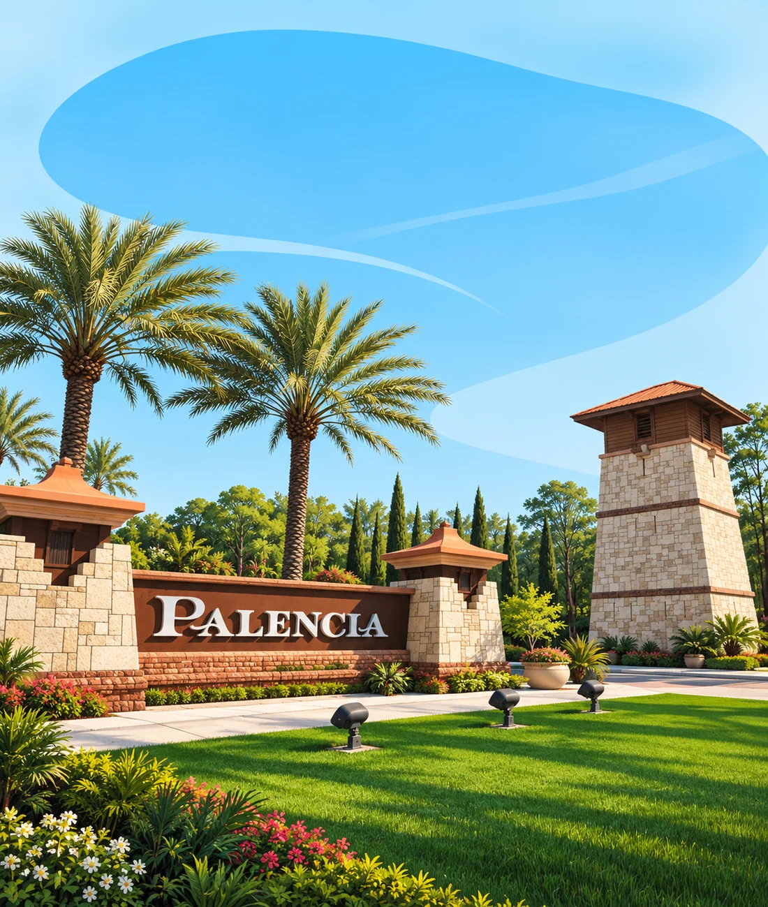 The Palencia entrance sign between stone pillars and a stone tower, with palm trees and flower beds