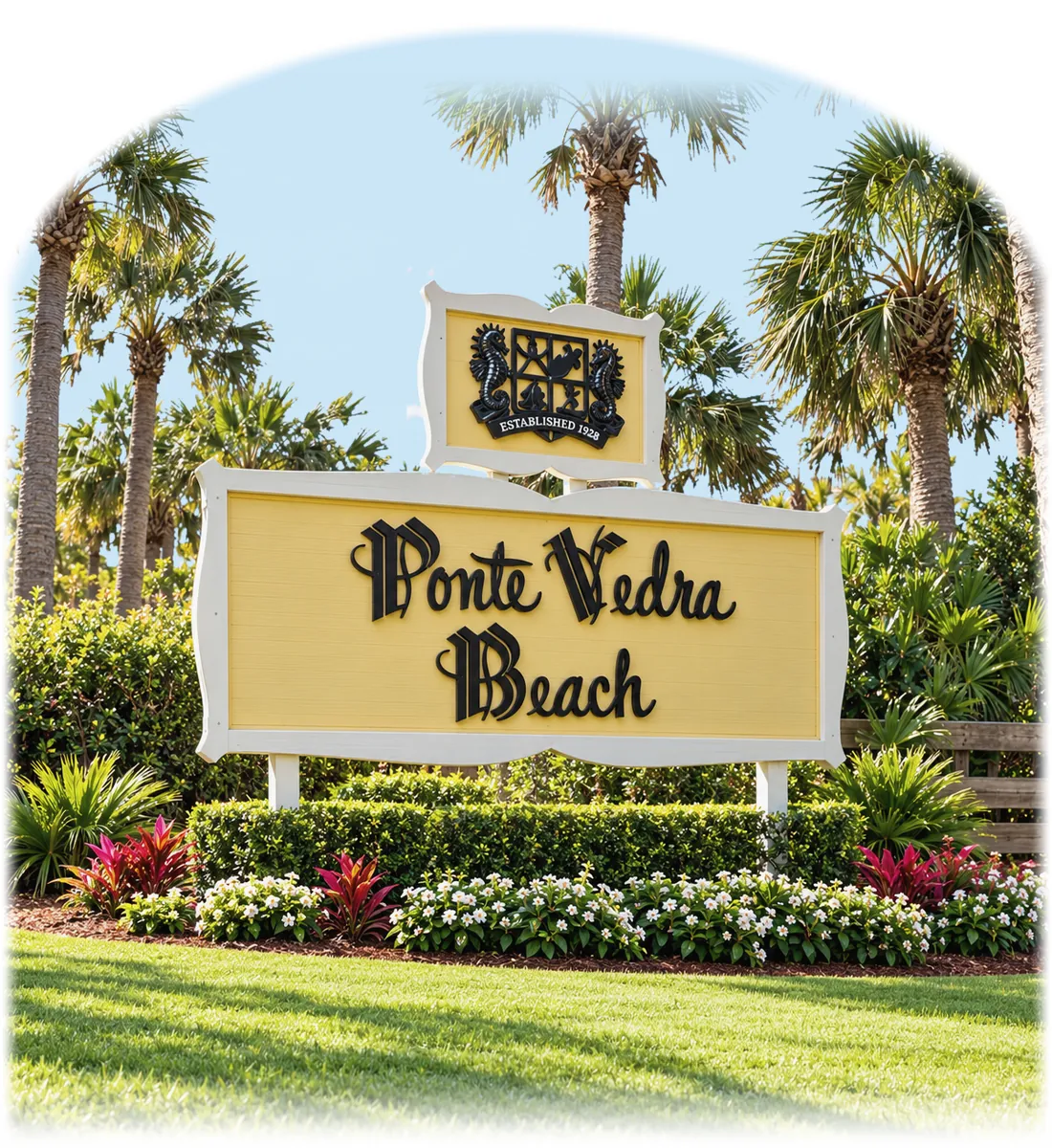 The Ponte Vedra Beach welcome sign, with its “Established 1928” crest, framed by palm trees and flower beds