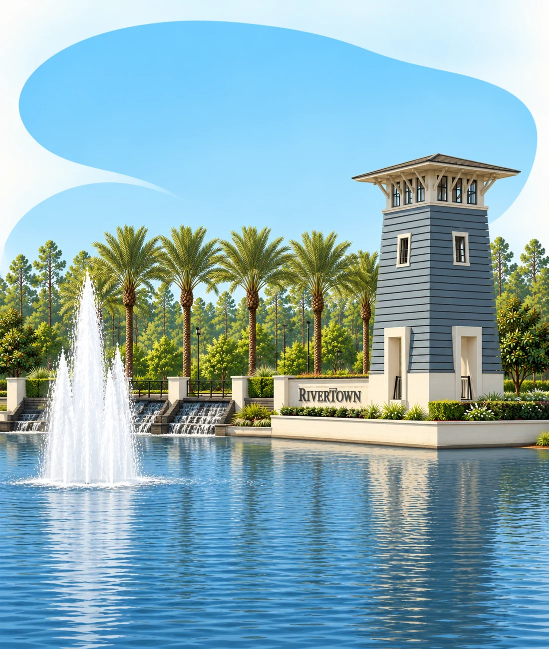 The RiverTown entrance sign and blue lookout tower beside a lake with fountains and palm trees