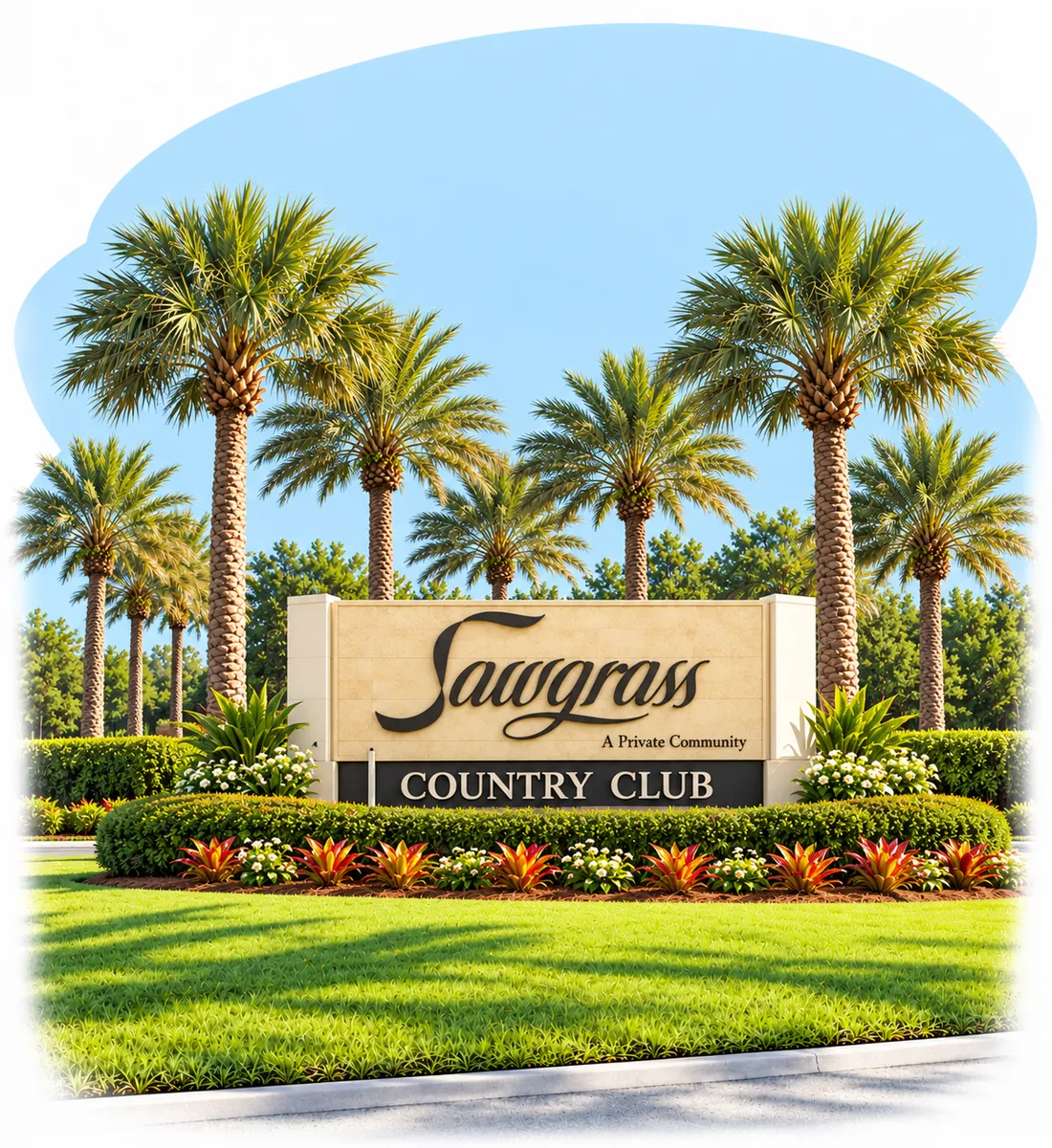 The Sawgrass Country Club entrance sign, framed by tall palm trees, hedges and flower beds