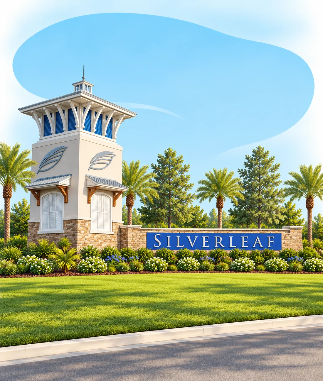 The SilverLeaf entrance tower with leaf emblems beside the blue SilverLeaf sign wall, with palms and pines behind