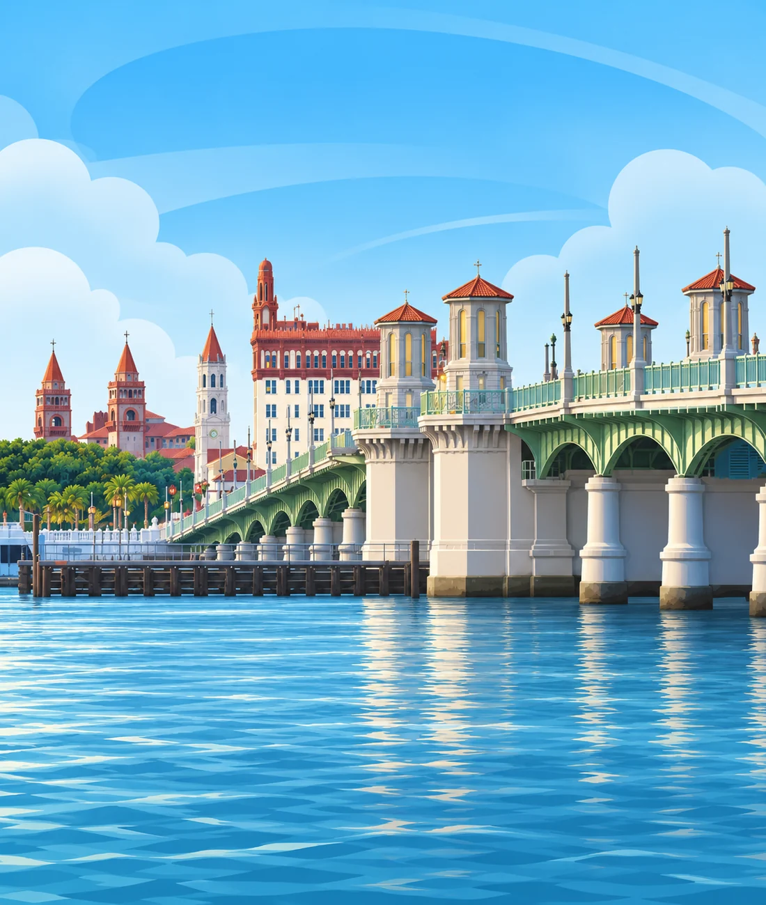 The Bridge of Lions over the bay, with the red-roofed towers of historic St. Augustine behind it