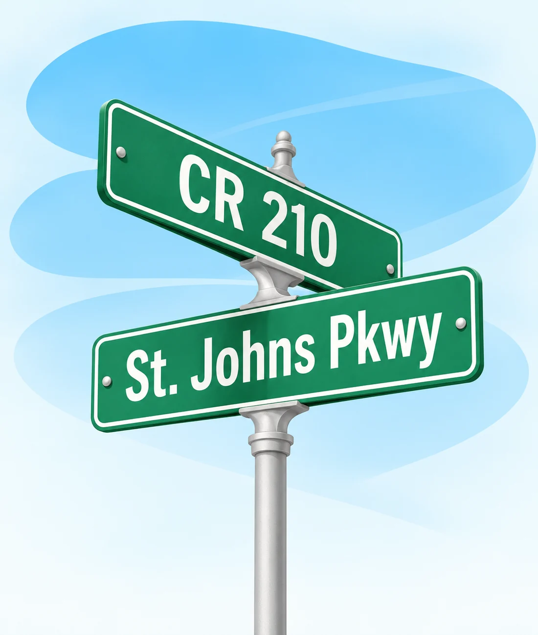 Green street signs for CR 210 and St. Johns Pkwy on a silver post