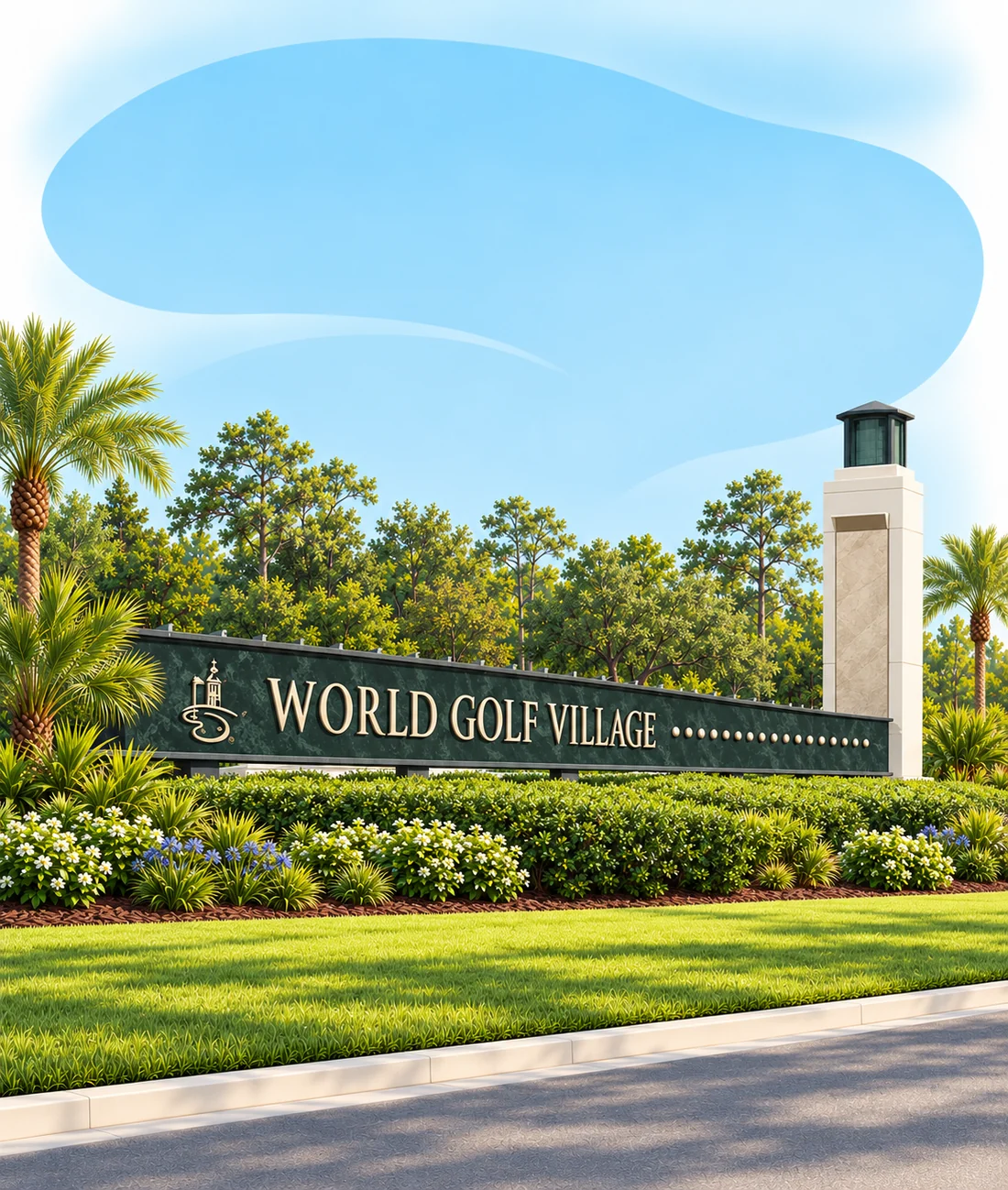 The long green World Golf Village entrance sign and a stone tower, with palms, pines and flower beds